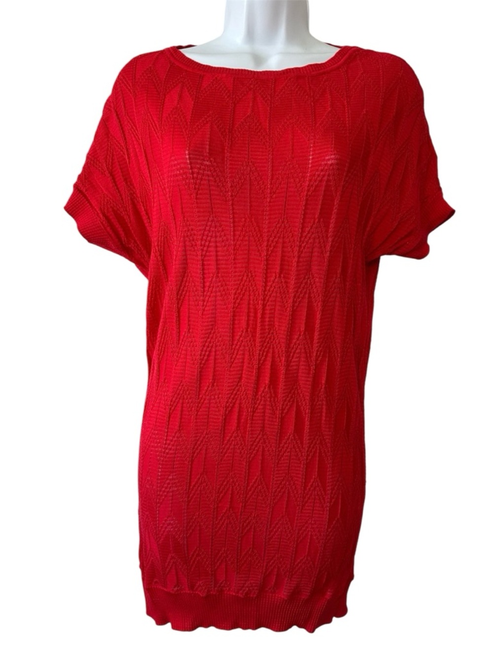 M by Missoni Women’s Red Designer Short-Sleeve Zigzag Open Knit Tunic Top-Medium